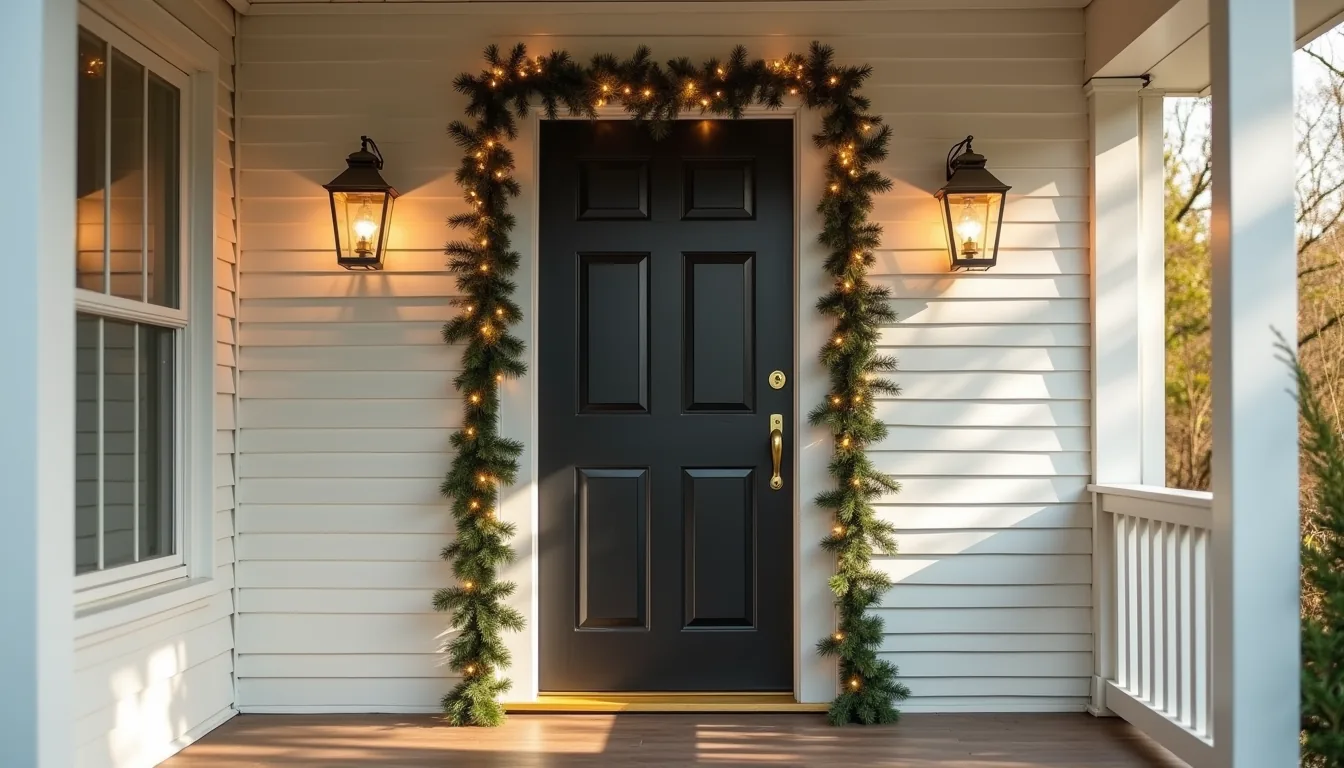Black front door framed by garland, flanked by brass lanterns with warm white string lights.
