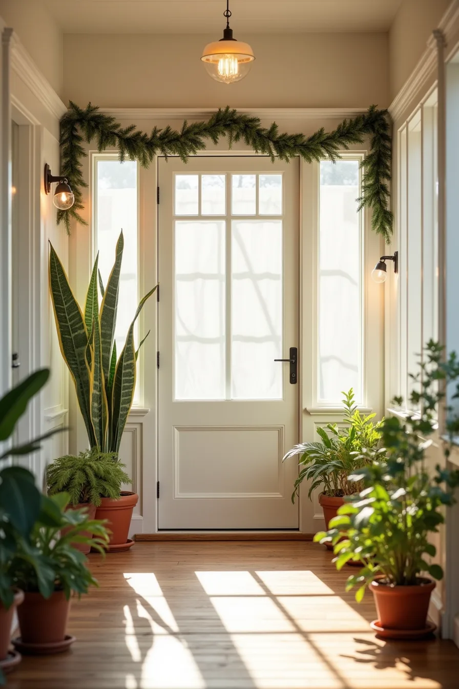 Porch layout with strategically spaced garland, lights, and potted plants keeping the walkway clear.