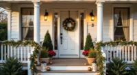 Front porch with garland, potted evergreens, solar lights, and door wreath viewed from street level.
