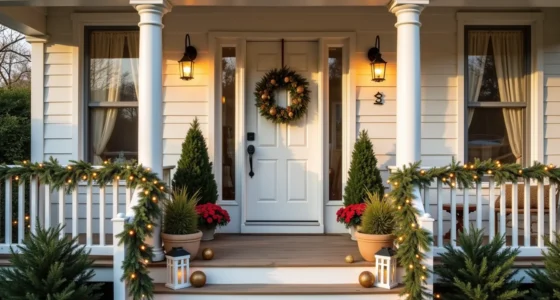 Front porch with garland, potted evergreens, solar lights, and door wreath viewed from street level.
