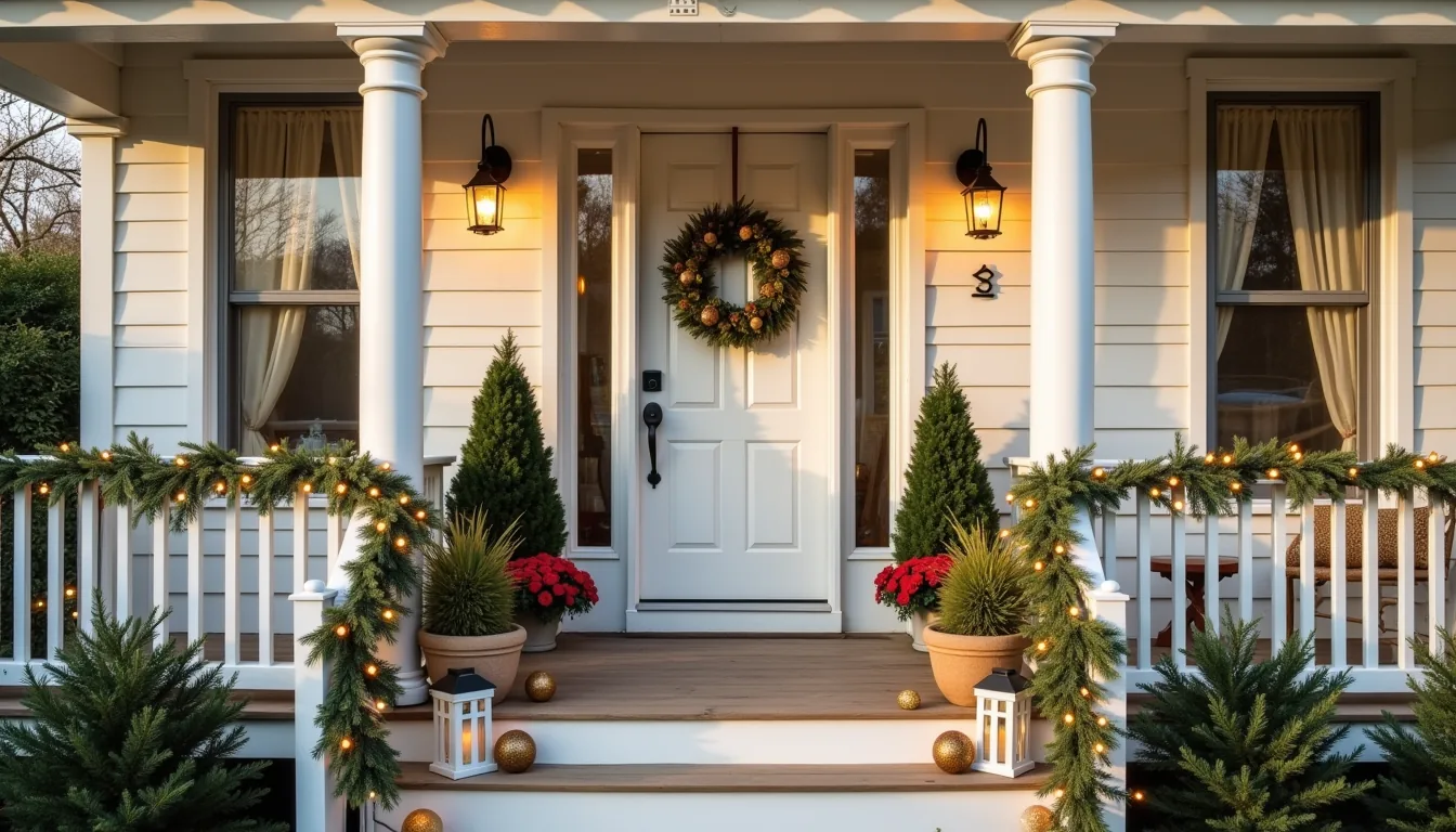 Front porch with garland, potted evergreens, solar lights, and door wreath viewed from street level.