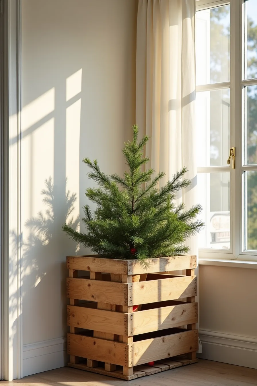 Weathered wooden pallet planter filled with evergreen branches and ornaments on porch.