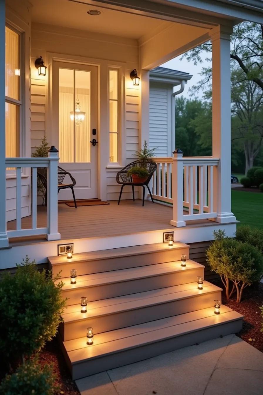 Solar stake lights and LED markers evenly spaced along porch steps and pathway edges.