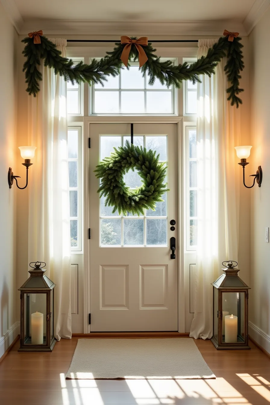 Front door decorated with centered evergreen wreath, flanking candle lanterns, and ribbon swag above.