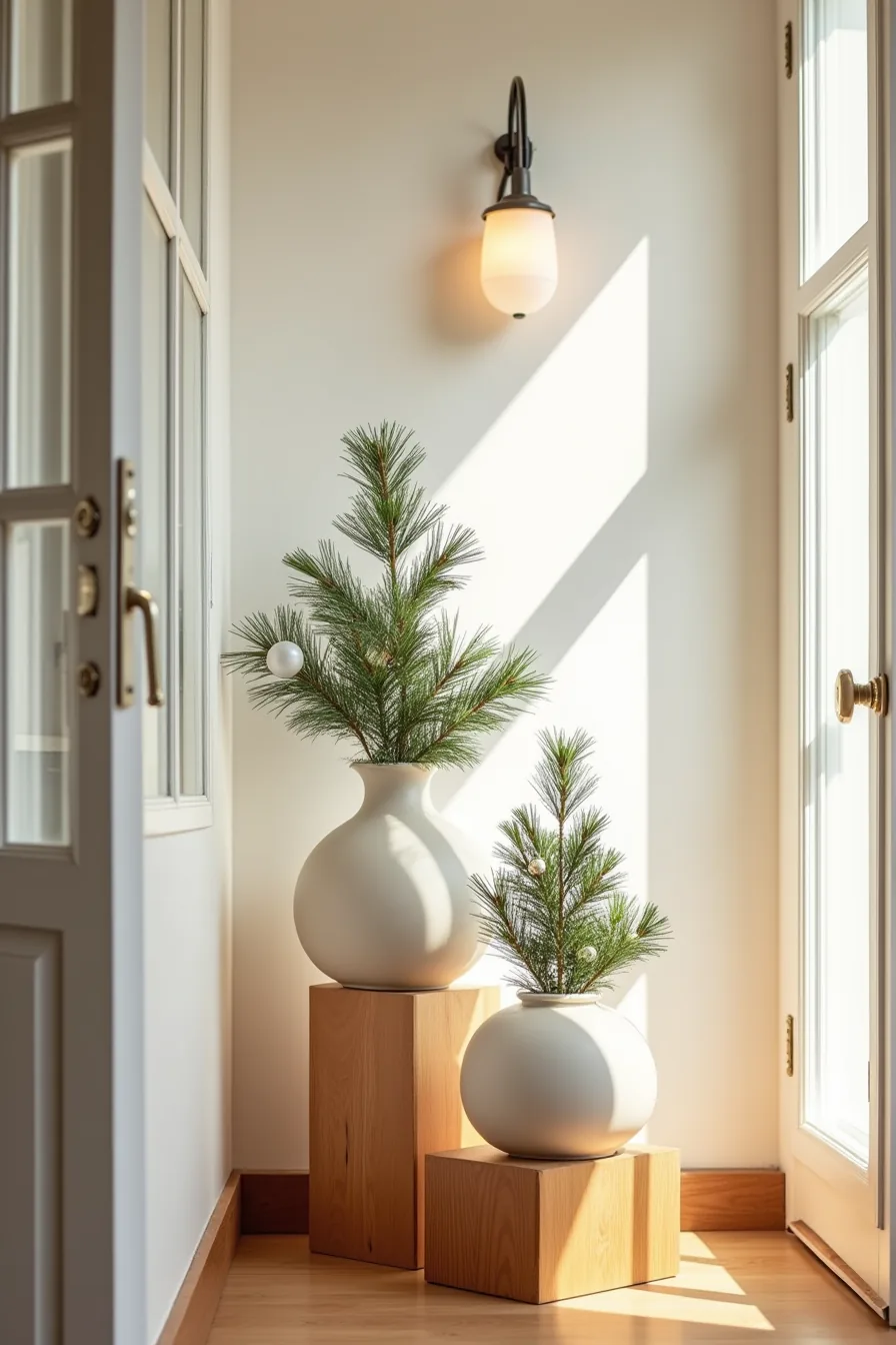 Three tiered ceramic pots filled with evergreen branches and ornaments arranged on wooden blocks.
