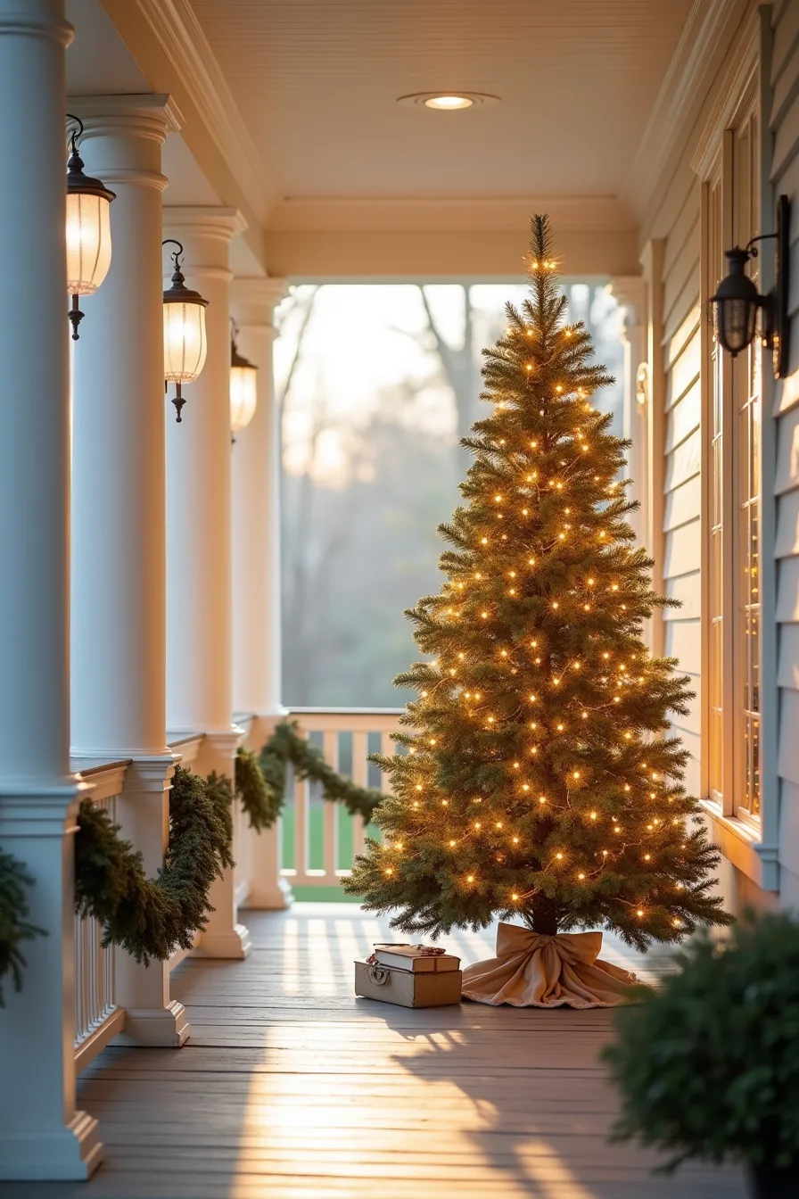 Large decorated tree with warm-white lights and ribbon bow anchors a covered porch corner with garland-draped railings.