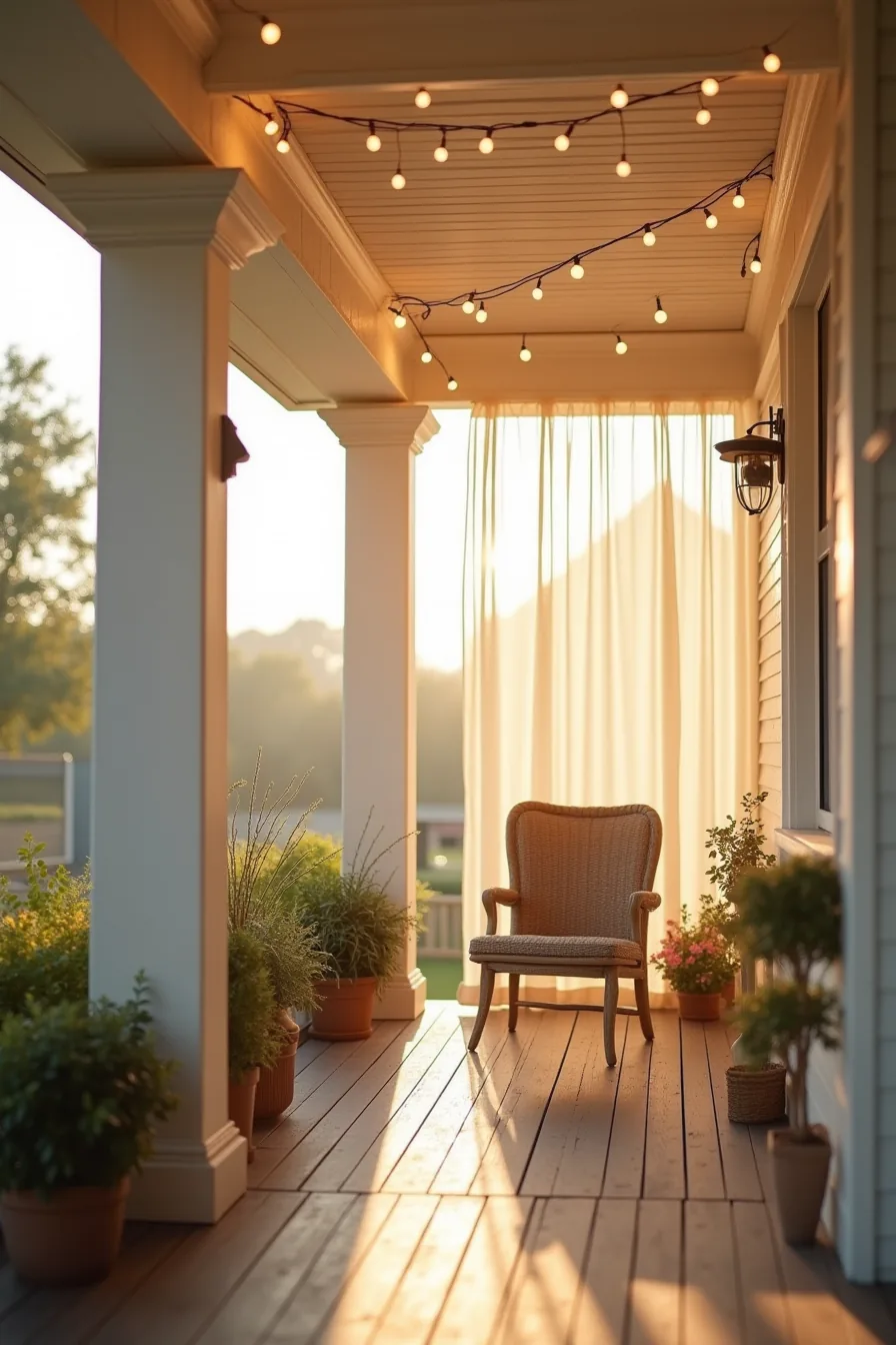 Overhead string lights swag between porch posts with a ground spotlight illuminating architectural detail at dusk.