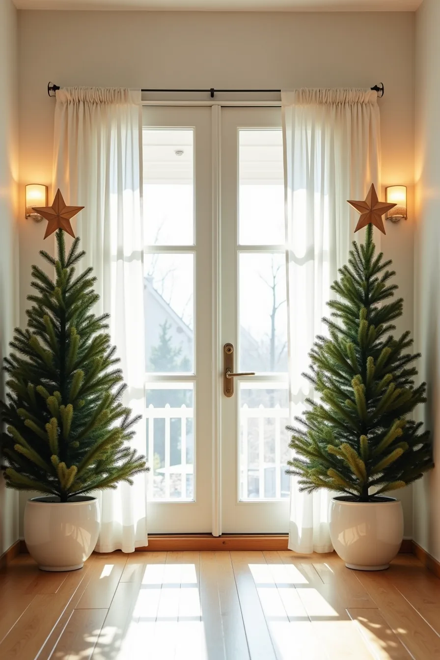 Matching ceramic pots with tall evergreen trees topped by wooden stars frame the porch entrance.