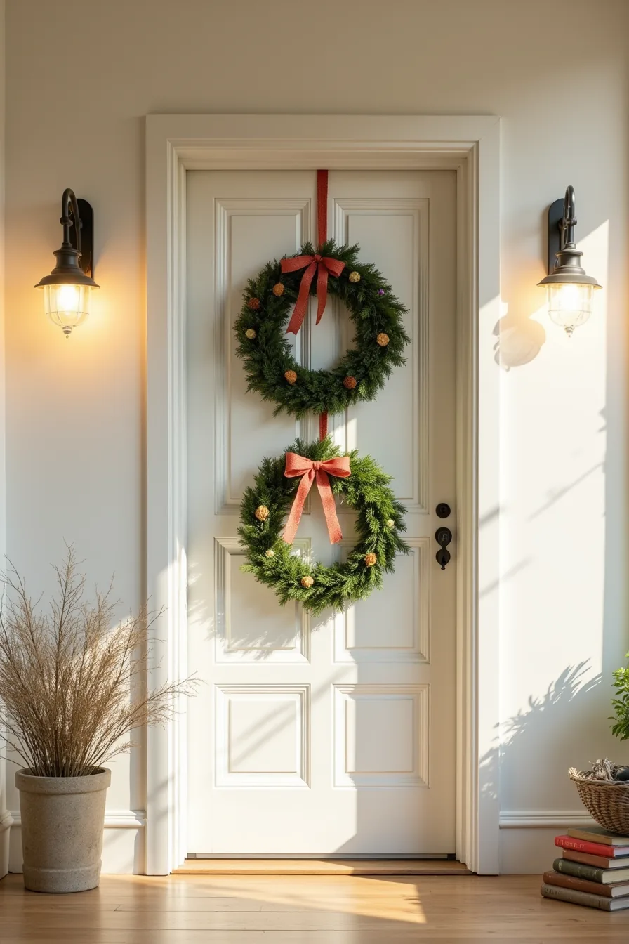Three layered wreaths with red and burlap bows decorate the front door at varying heights.