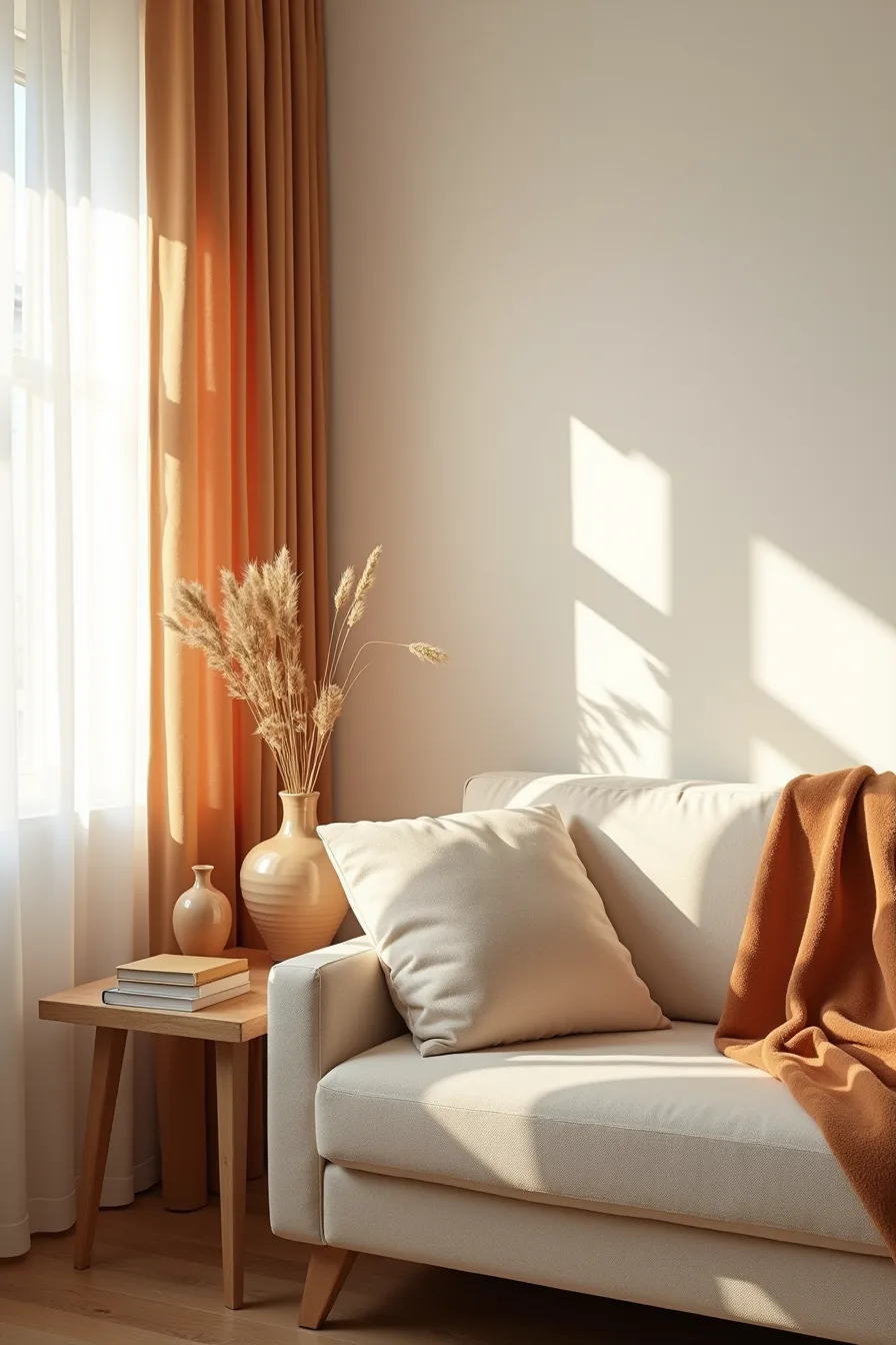 Cream sofa with rust throw, ceramic vase of dried wheat, and cinnamon curtains in warm daylight.
