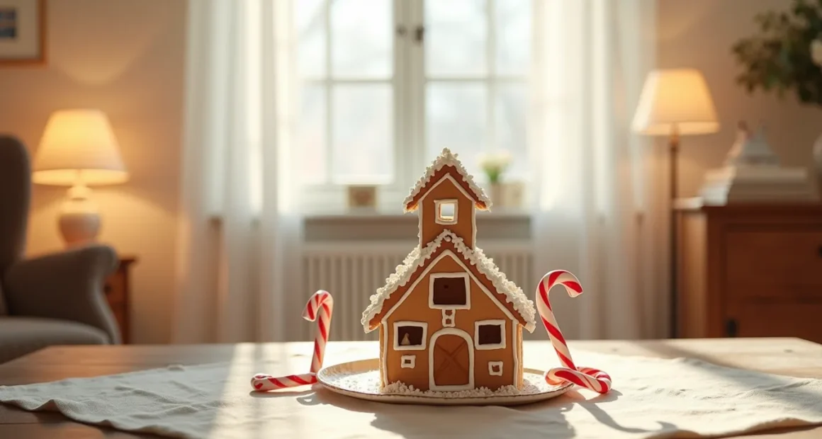 Three-tiered gingerbread house with white icing and candy canes on a wooden table with cream linen.