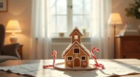 Three-tiered gingerbread house with white icing and candy canes on a wooden table with cream linen.