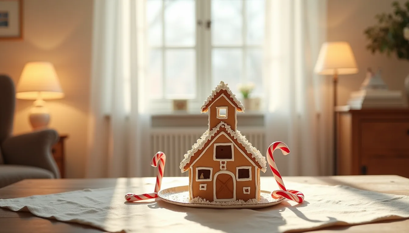 Three-tiered gingerbread house with white icing and candy canes on a wooden table with cream linen.