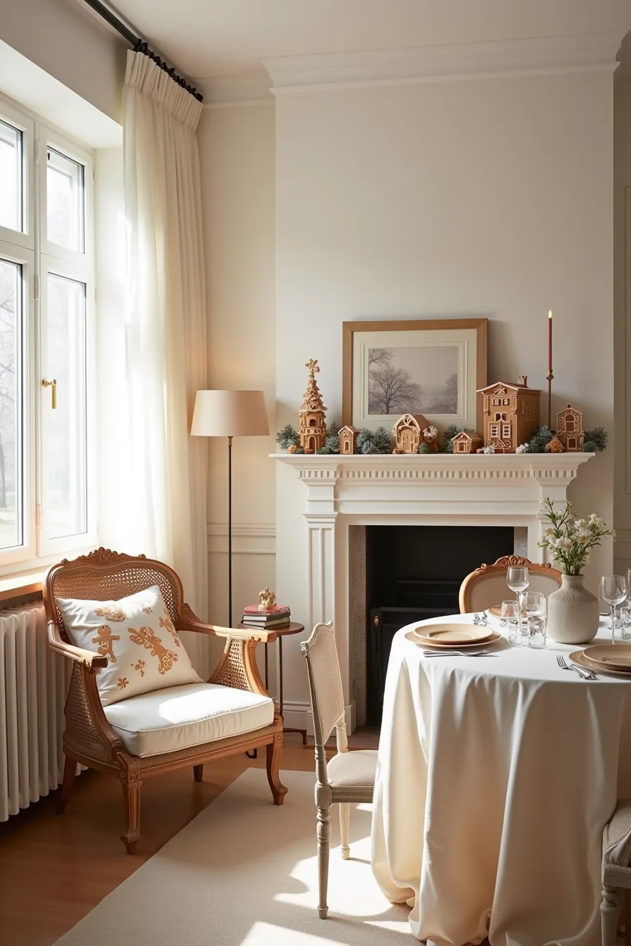 Three home zones displaying gingerbread decor: pillow, table setting with mantel, and foyer structure.