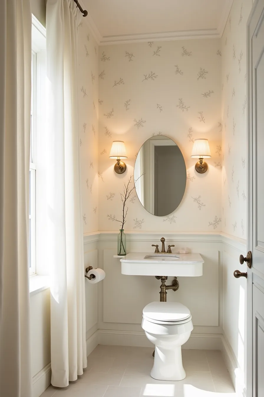 Pale cream botanical wallpaper sits above white subway-tile wainscoting, with floating marble vanity and round mirror.