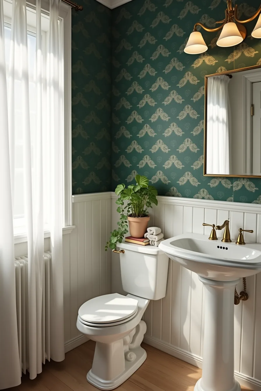Dark emerald damask wallpaper surrounds a white pedestal sink with brass mirror and trailing plant on shelf.