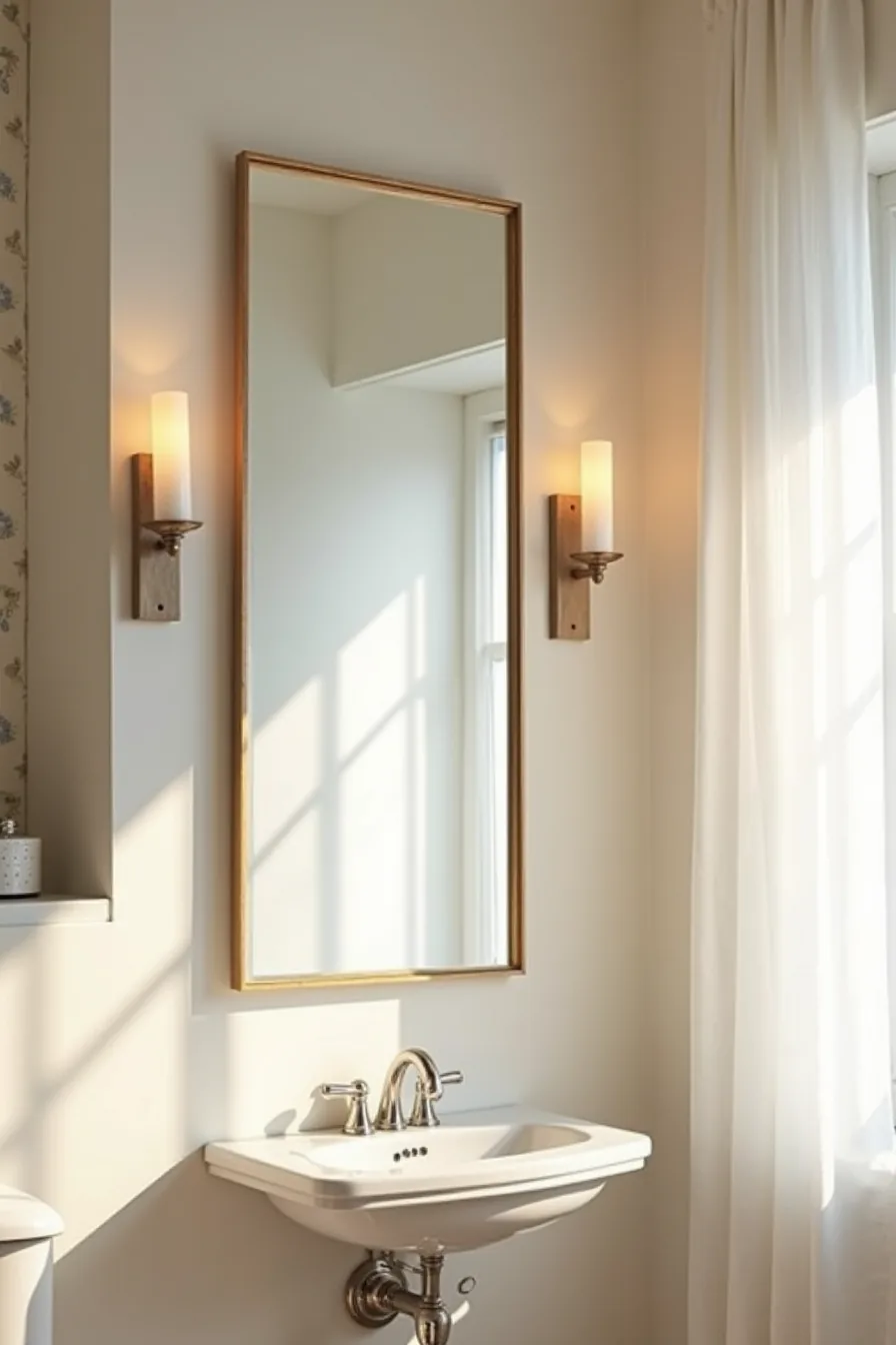 Small floral wallpaper frames a rectangular mirror with flanking sconces and ceramic dish on shelf below.
