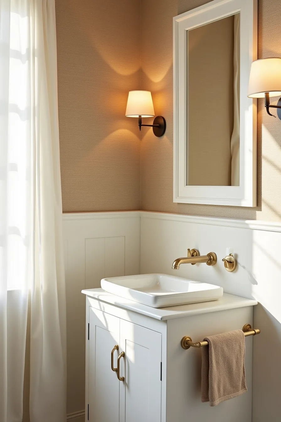 Natural tan grasscloth wallpaper covers walls above a white vanity with vessel sink and linen towel on brass ring.