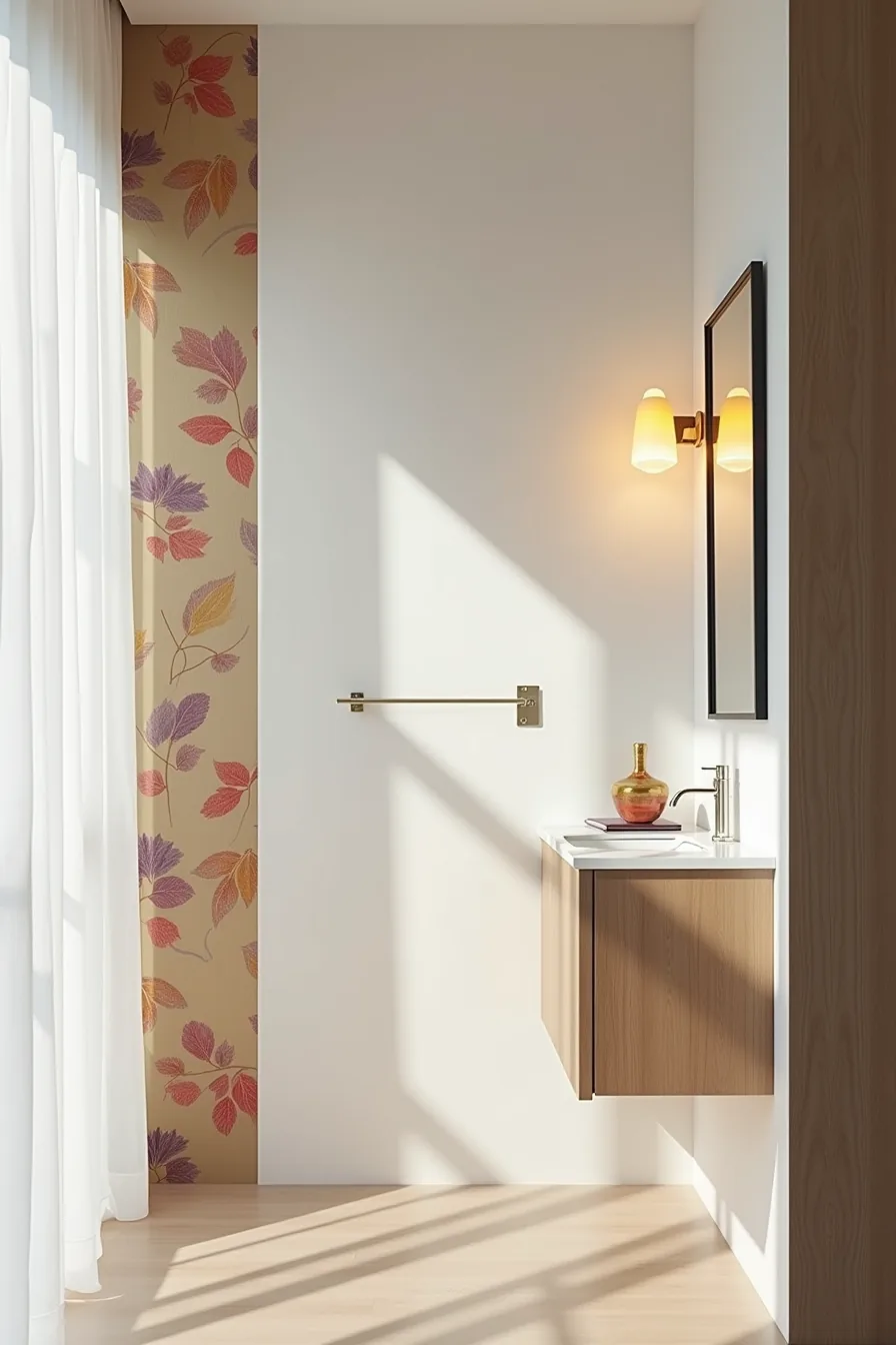 Bold jewel-tone patterned accent wall faces the entrance, with plain white walls, mirror, and towel hook.