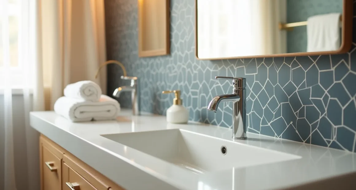 Navy geometric hexagon wallpaper frames a white ceramic sink with chrome faucet and folded hand towel.