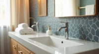 Navy geometric hexagon wallpaper frames a white ceramic sink with chrome faucet and folded hand towel.