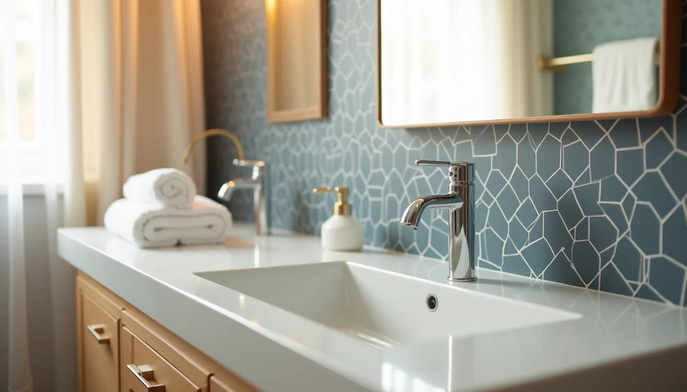Navy geometric hexagon wallpaper frames a white ceramic sink with chrome faucet and folded hand towel.
