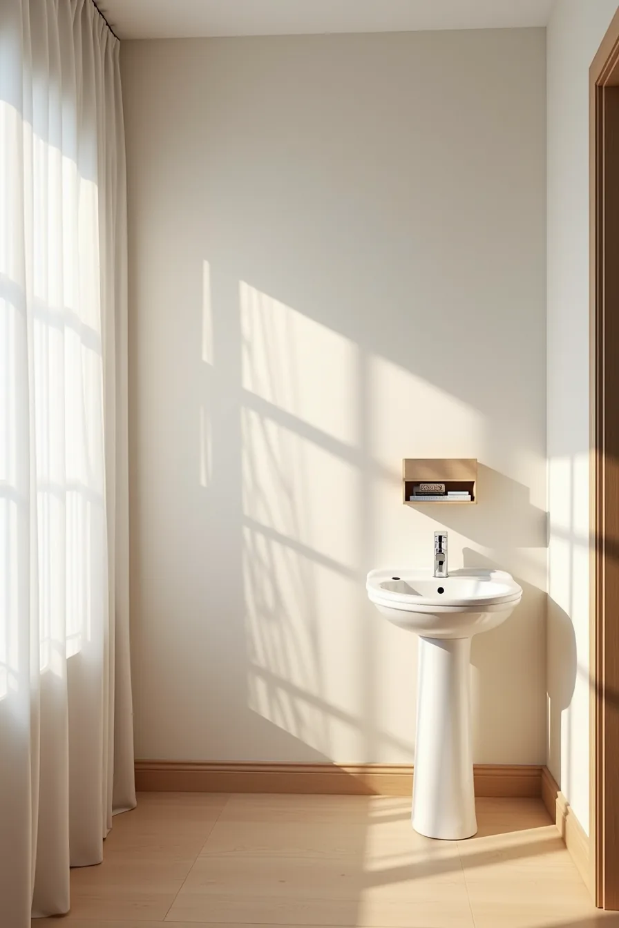 Geometric striped peel-and-stick wallpaper on one wall contrasts with plain walls, pedestal sink, and wall organizer.