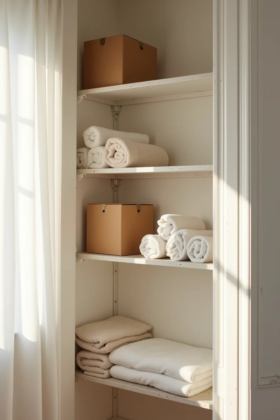 Adjustable metal shelves in a closet corner display rolled towels, boxes, and a folded blanket.