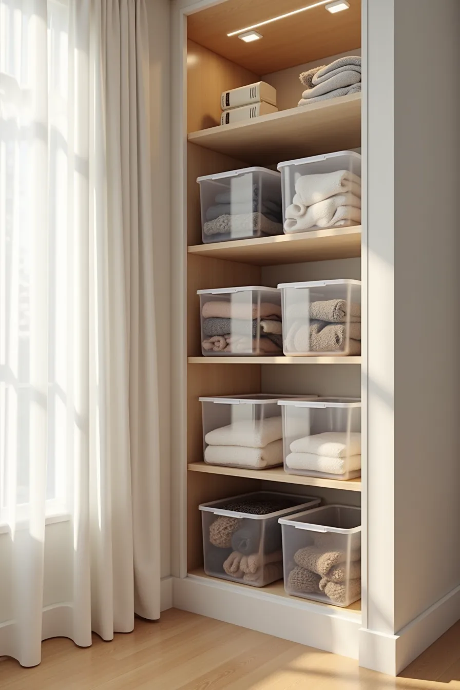 Six clear plastic bins on a shelf contain organized scarves, gloves, and seasonal winter items.