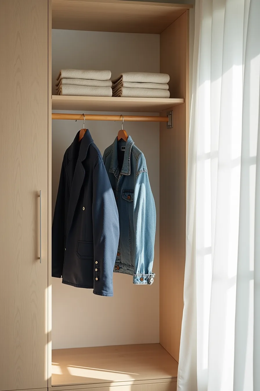 Two stacked hanging rods in a closet hold wool coats on top and denim jackets below.