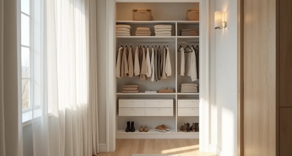 White shelving units in a narrow closet hold folded sweaters, storage bins, hanging coats, and shoes.