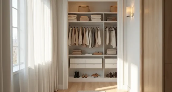 White shelving units in a narrow closet hold folded sweaters, storage bins, hanging coats, and shoes.