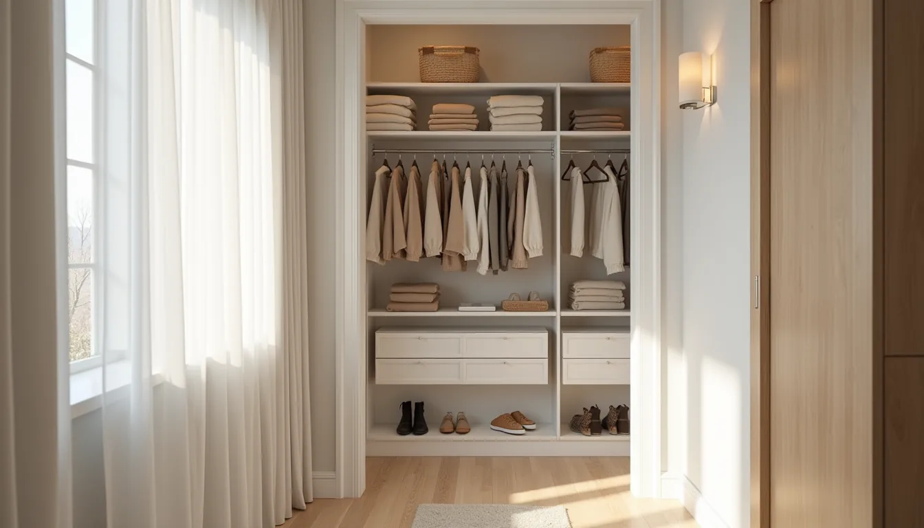 White shelving units in a narrow closet hold folded sweaters, storage bins, hanging coats, and shoes.