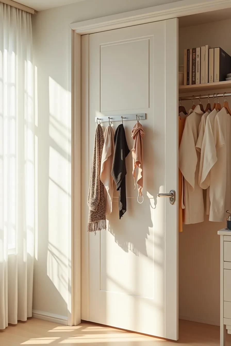 A closet door displays adhesive hooks, an over-door organizer pocket, and a magnetic strip holding accessories.
