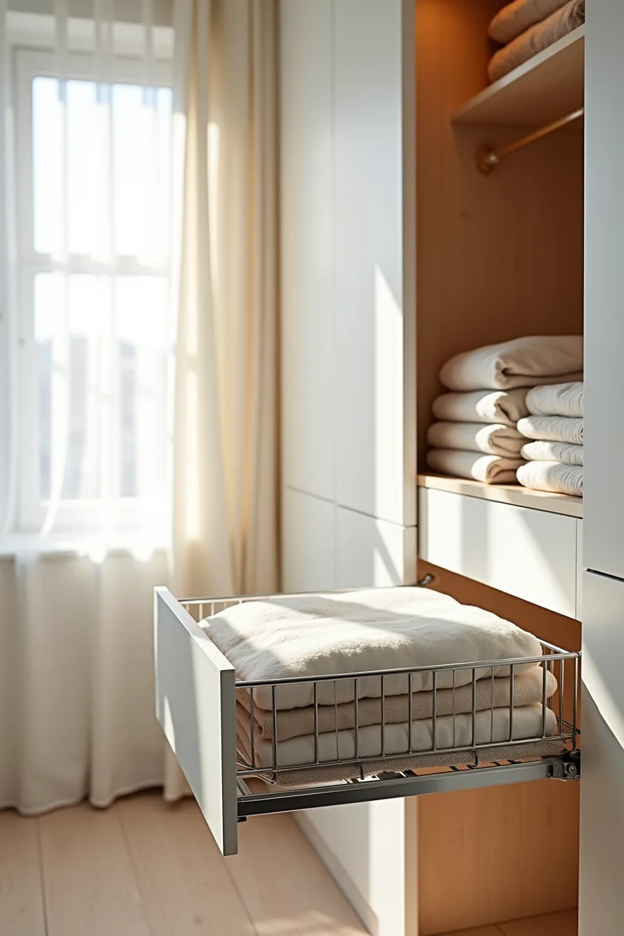 A pull-out wire basket on metal tracks holds folded linens and blankets in a closet.
