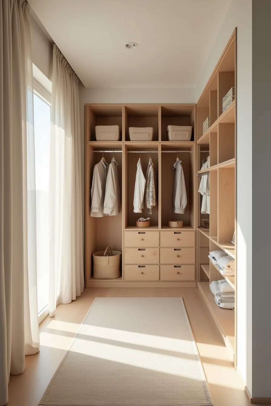 A large closet is organized into three zones with daily coats, seasonal bins, and backup supplies.