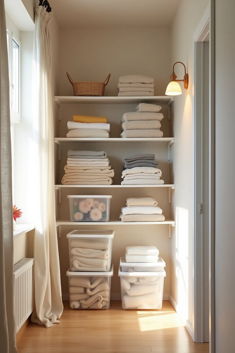 Stacked transparent plastic bins of various sizes on closet shelves showing visible seasonal clothing, linens, and