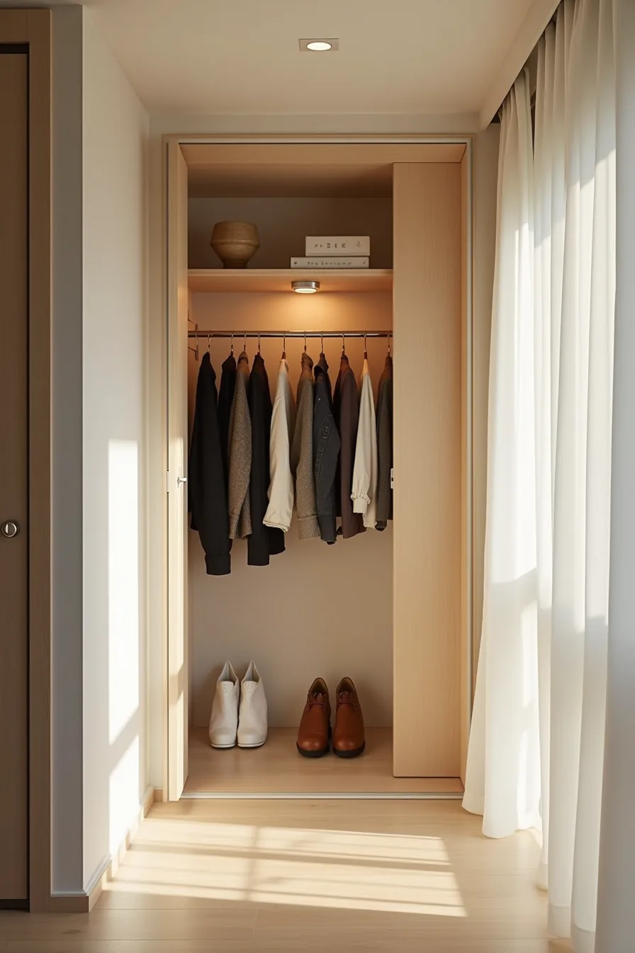 Closet with two hanging rods at different heights displaying jackets and garments on both upper and lower levels.