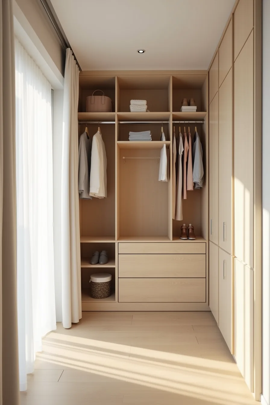 Professionally installed fitted closet system with coordinated drawers, shelves, hanging rods, and adjustable modular