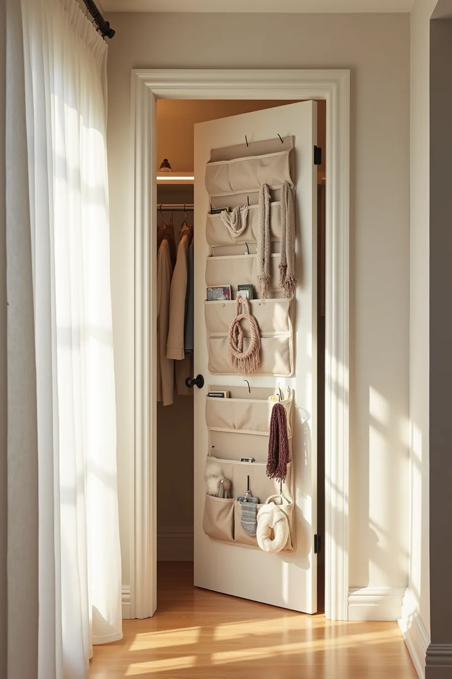 Closet door interior fitted with over-the-door organizers, slim shelves, and hooks displaying scarves, belts, and small