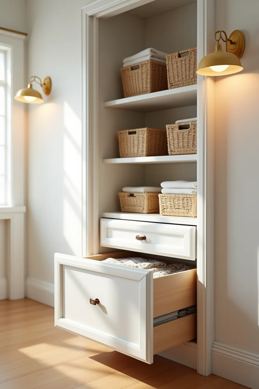 Hallway closet with a pull-out drawer on metal slides containing folded items and woven baskets displayed on shelves above.