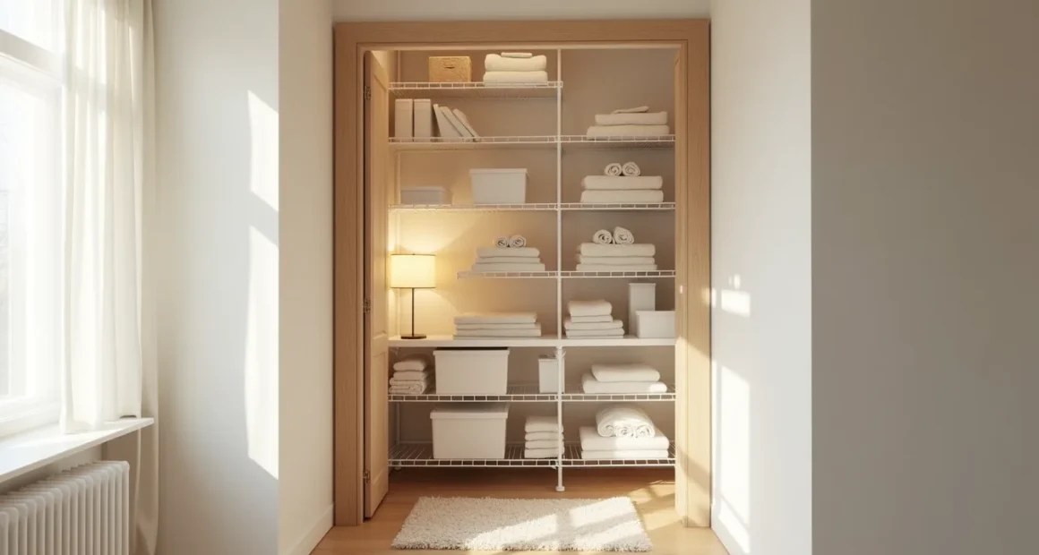 Open closet with wire shelves displaying folded linens, rolled towels, and storage boxes from floor to ceiling.