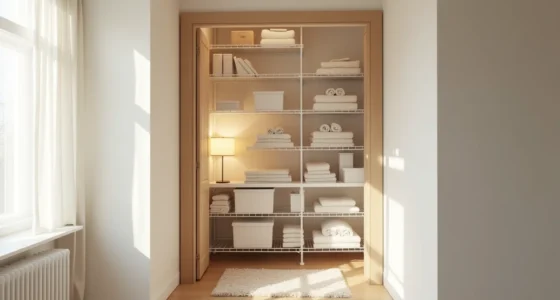 Open closet with wire shelves displaying folded linens, rolled towels, and storage boxes from floor to ceiling.