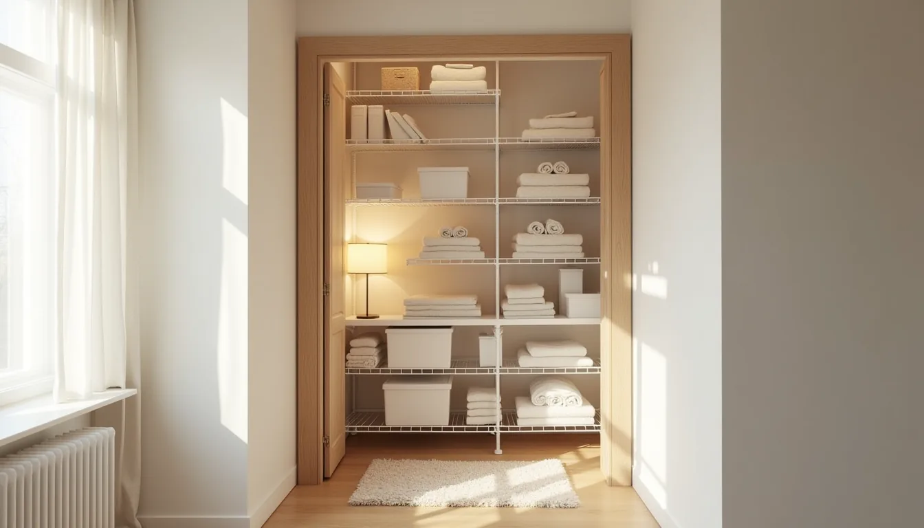 Open closet with wire shelves displaying folded linens, rolled towels, and storage boxes from floor to ceiling.