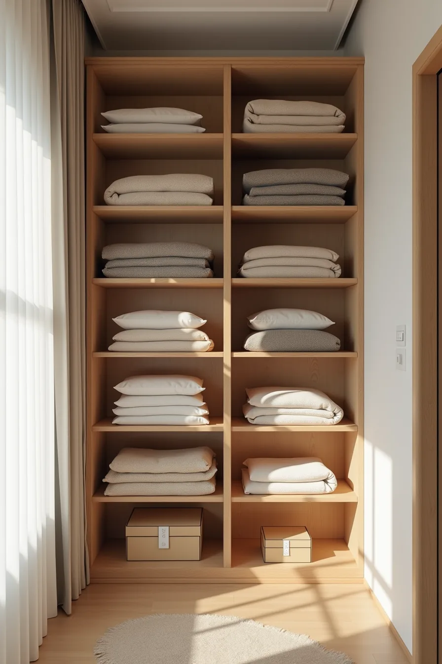 Wooden shelving unit filled with stacked sweaters, rolled textiles, and small storage boxes arranged by shelf height.