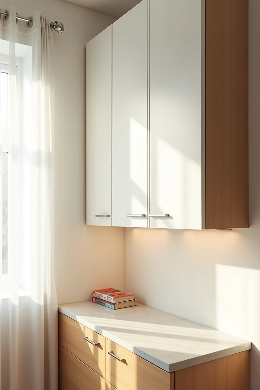 Wall-mounted bifold cabinet doors with stainless steel handles above a granite countertop.