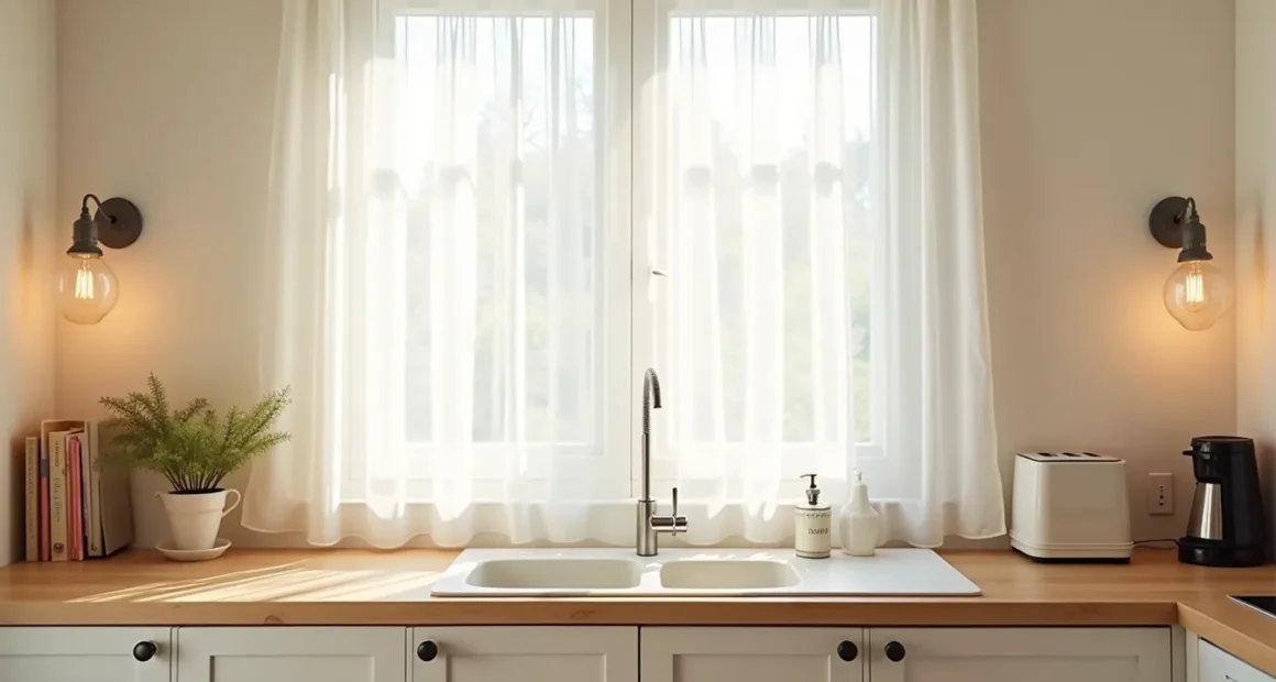 Closed cabinet doors with toaster and coffee maker visible on nearby counter in natural window light.