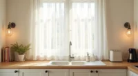 Closed cabinet doors with toaster and coffee maker visible on nearby counter in natural window light.
