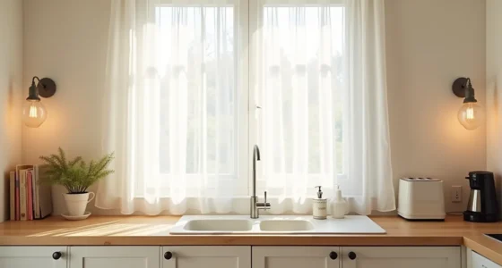 Closed cabinet doors with toaster and coffee maker visible on nearby counter in natural window light.