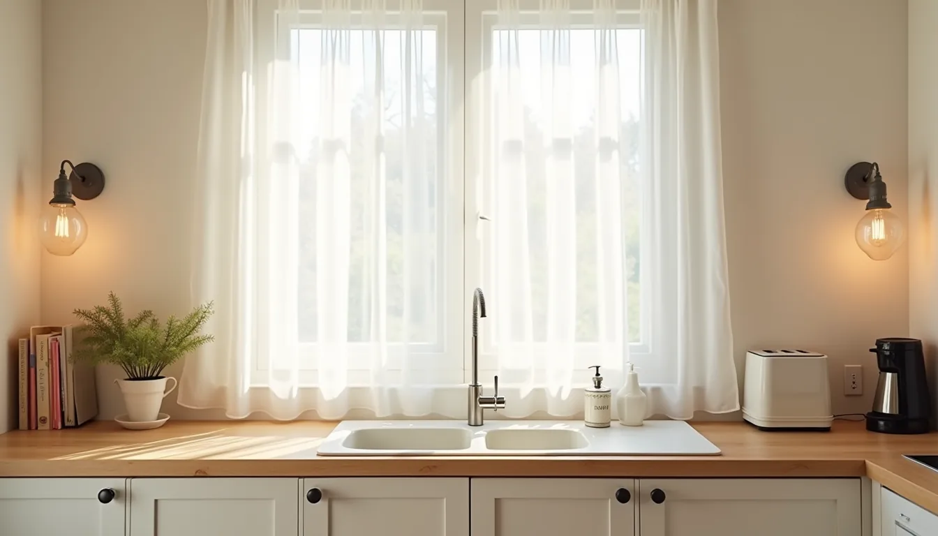 Closed cabinet doors with toaster and coffee maker visible on nearby counter in natural window light.